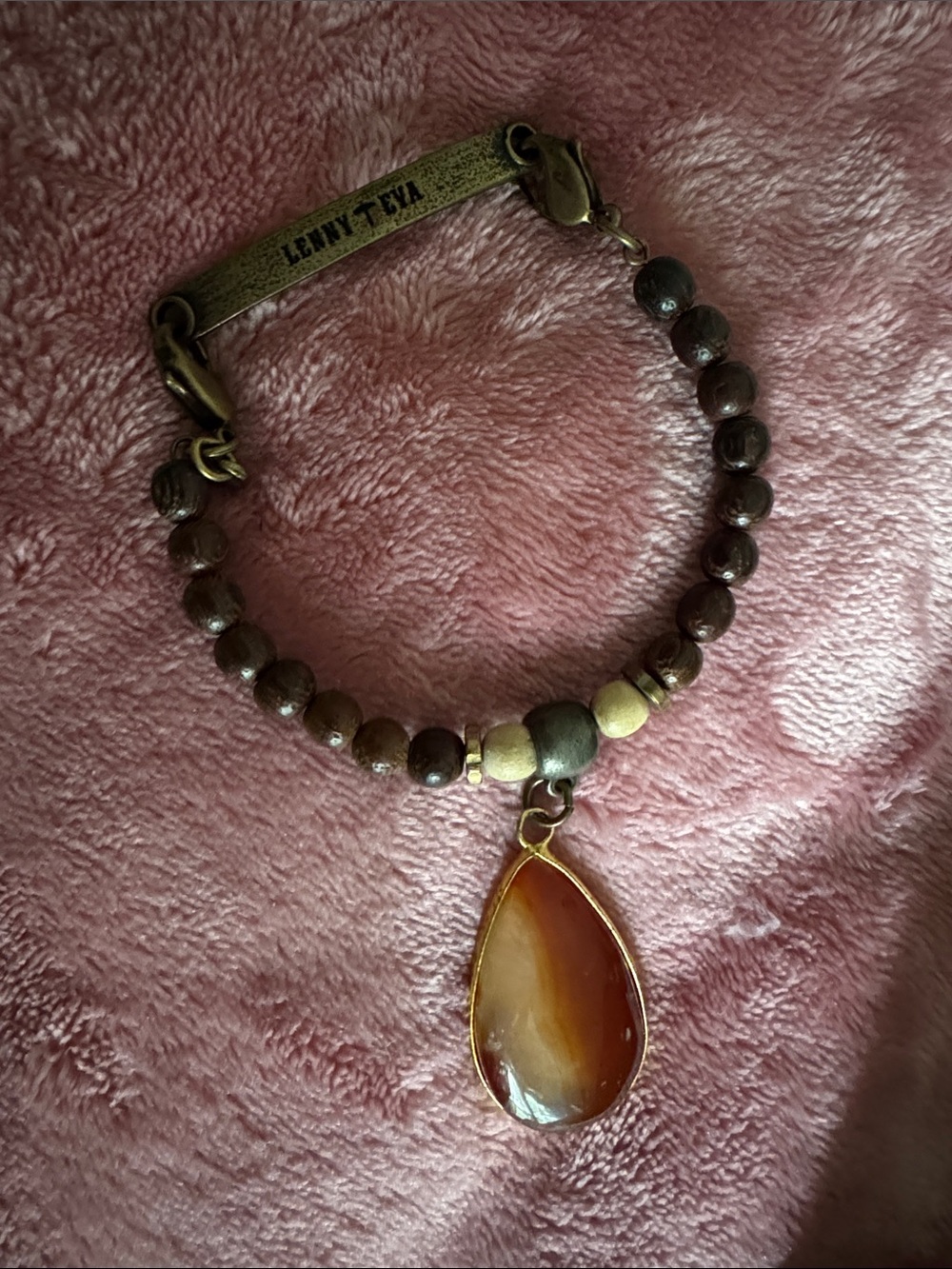 Brown Beaded Bracelet with Amber Teardrop Pendant